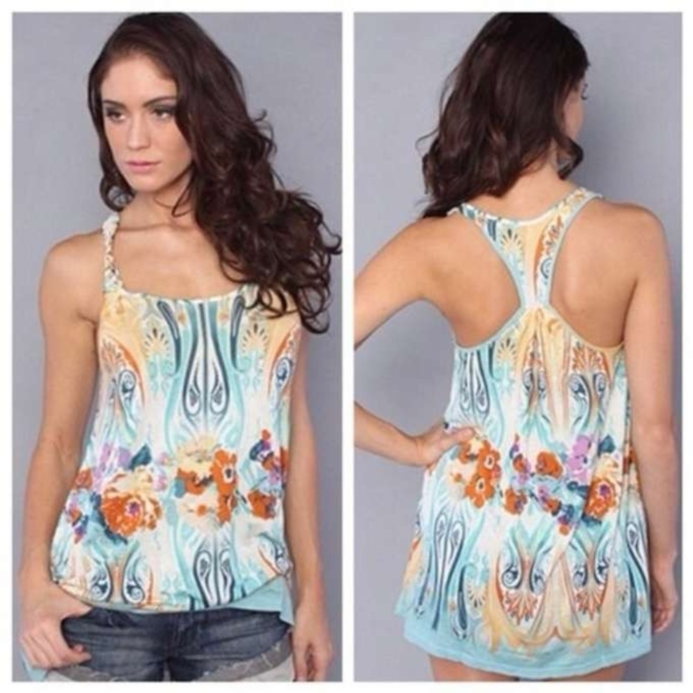 Free People Boho Y2K Floral Printed Racerback Tunic Tank Top